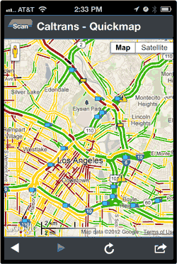 Graphic - Picture of a screen capture on a mobile device showing Caltrans smartphone app showing travel congestion levels on a map.