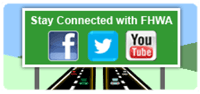 Graphic - A cartoon graphic of a highway sign indicating you can stay connected with Federal Highway Administration using facebook, twitter, and You-Tube.