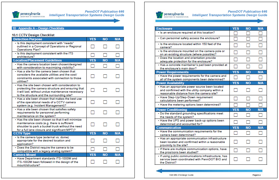 Screenshot of two pages containing a designchecklist from a Pennsylvania DOT manual that helps the user detrmine system design based on answers to such questions on elements such as detection purpose, location/placement guidelines, CCTV type, camera mount, enclosure, power requirements, power availability, power conditioning, and communication.