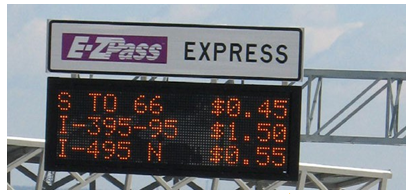 A message sign depicting current pricing for HOT lanes mounted on an overhead gantry.