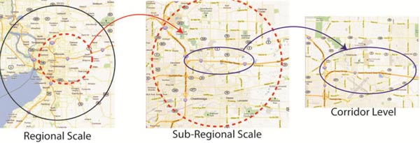 Figure 1.2 depicts three different model scales in a sample urban area and is intended to illustrate that Dynamic Traffic Assignment models can be developed at different scales. The left most map shows a large regional area. The middle map shows a sub-regional area that is within the regional area. The right most map shows more detail of the corridor level scale.