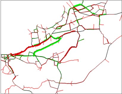 Figure 9.4 is a graphic that shows the difference between traffic volumes by link between two different model scenarios.