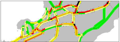 Figure 9.5 is graphic showing a section of the network with speed and density by link indicated using various colors.