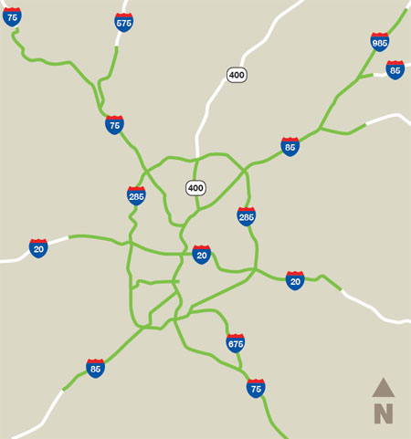The graphic shows a map of the Atlanta metro area and the roadways covered by the Towing and Recovery Incentive Program (TRIP).  TRIP covers most of the interstates in the Atlanta metro area. 