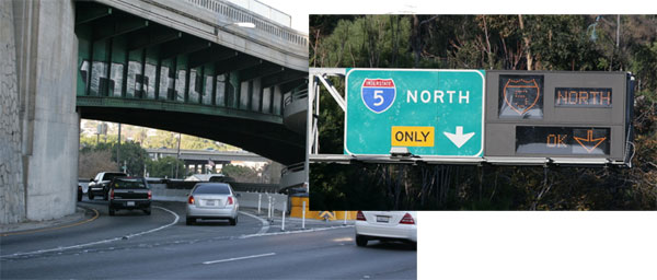 Figure 7.  California:  junction control on northbound SR-110.  Photographs:  junction of SR-110 and I-5 in Los Angeles; signage above the roadway used in the time-of-day junction control.