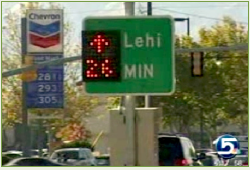 Dynamic road sign indicates that by going straight, Lehi can be reached in 26 minutes.