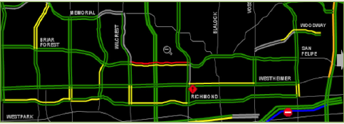 Blowup of a section of the Houston Transtar online traffic map.