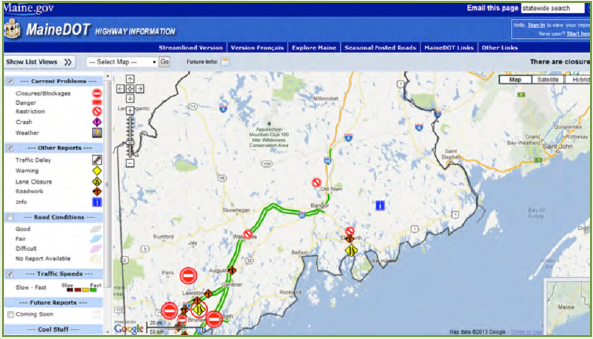 Screenshot from Maine DOT website showing the I-95 corridor.