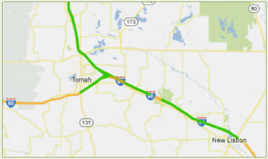 Map of Wisconsin travel time coverage from New Lisbon to Tomah.