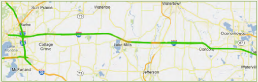 Map of Wisconsin travel time coverage from Concord to Burke.