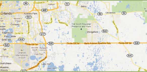 Map of the Orange County Road network focused on the area around the intersection of SR-528 and SR-520.
