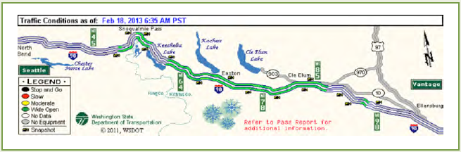 Screen capture of the traffic conditions map hosted on the WSDOT Snoqualmie Pass traveler information web site.