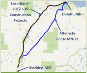 Map of the Duluth-Hinckley Corridor including both the O-35 and alternate MN-23 routes. The location of the 2012 I-35 construction is indicated.