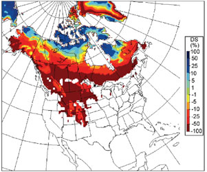 Projected change in percent snow depth  in March for 2041-2070, relative to 1961-1990 averages, under the A2 (high) scenario. Map of North America shows varying levels of percent change in depth.