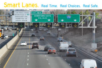 Photo of five-lane interstate segment with left most lane being designated for "car pools, buses, motorcycles and shoulder use permitted on green arrow".