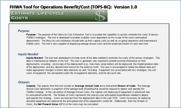 Figure 5-1 is a screen shot of the Estimate Life-Cycle Costs worksheet instructions.