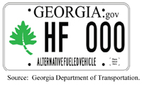 A graphic shows the design of the vehicle license plate in Georgia for alternative fueled vehicles. Source: Georgia Department of Transportation.