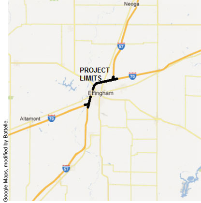 Figure 1. Map.  I-70/I-57 Interchange Project, Effingham, Illinois. A road map shows highways in the area around Effingham, with highlighting to indicate the extent of the I-70/I-57 Interchange Project on either side of the city. Google Maps, modified by Battelle.