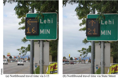 Figure 14. Photo. Sequencing Travel Time Sign on State Street Northbound. Two photographs show messages displayed on an electronic sign. Left photo (a) Northbound travel time via I-15, shows the direction to the left and travel time of 16 minutes. Right photo (b) Northbound travel time via State Street, shows the direction ahead and travel time of 21 minutes. FHWA