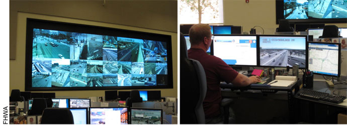 Figure 16. The Las Vegas FAST Control Room. Two photographs are provided showing the monitoring system in use. One photograph shows work stations in the foreground and a view of a large wall-mounted monitor with several active screens, and the other photograph shows an individual with several monitors at a work station. FHWA