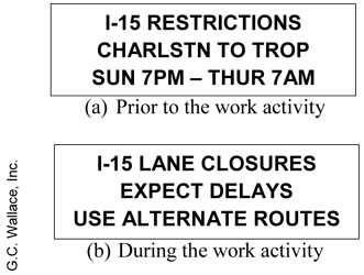 Figure 17. Examples of CMS Warning Messages Posted by FAST Personnel for Work Activity on I-15. Two examples are provided depicting text of signs in use. The sign in use prior to work activity indicates route restrictions at a specific time. The sign in use during the work activity indicates lane closures and advises the traveler to use alternate routes. G.C. Wallace, Inc.