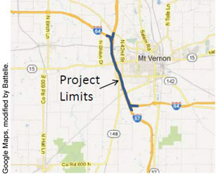 Figure 2. Map.  I-57/I-64 Project Location in Mount Vernon, Illinois. A road map shows highways in the area around Mount Vernon, Illinois, with highlighting to indicate the extent of the I-57/I-64 Project to the west of the city. Google Maps, modified by Battelle.