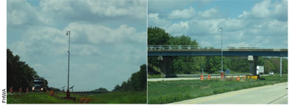 Figure 4. Photo.  Temporary, Solar-Powered Traffic Detection and Camera Systems. Two photographs are provided, each showing a view of the light fixture pole with solar panels in the median of a divided highway. FHWA