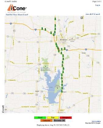 Figure 6. Map.  Layout of the iCone® Sensors. A road map shows highways in the area around Mount Vernon, Illinois, with symbols to indicate the placement of sensors on the I-57/I-64 Project area. iCone®