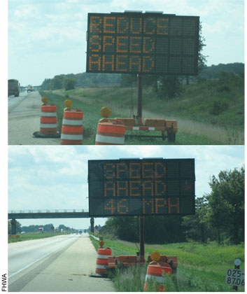Figure 7. Photo.  Messages Displayed on Portable CMS were Altered to be More Specific (Bottom) than what was Required in the Initial Special Provision (Top). Two photographs are provided. The top one shows a portable changeable message sign at the side of the road with text reading 'Reduce Speed Ahead.' The bottom one shows a portable changeable message sign at the side of the road with text reading 'Speed Ahead 46 mph.' FHWA
