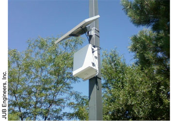 Figure 9. Photo.  Example of a Bluetooth Antenna Installation. A photograph shows a pole-mounted blue tooth antenna unit. JUB Engineers, Inc.