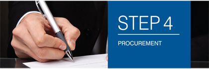 A photograph is provided showing a pen in hand over a sheet of paper.   STEP 4 - PROCUREMENT