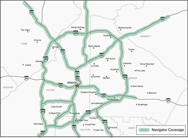 Figure 12 is a map showing the Atlanta area Navigator coverage. Major highways and county lines are shown. The Navigator coverage is indicated by highlighting the highways covered.