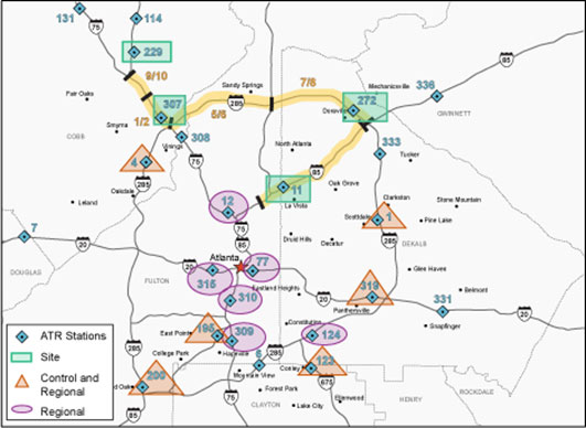 Figure 13 is a map showing the Urban Interstate Automatic Traffic Recorders (ATR) in the Atlanta region. ATR Stations, Sites, Control and Regional areas, and Regional areas are indicated.