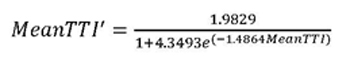 Figure 29 is an equation showing that the mean travel time prime (mean travel time after deployment) is equal to 1.9829 divided by 1 plus 4.3493 times the base of the natural logarithm raised to a power defined as -1.4864 times the mean travel time index.