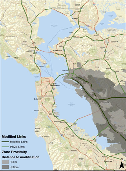 Figure 31 is a map showing the San Francisco Bay Area, with the links modified for the scenarios. The modified links and the Performance Measurement System links are both shown, and an area is indicated that is either less than 5 kilometers from the modified links, and also an area indicated that is less that 500 meters from the modified links.