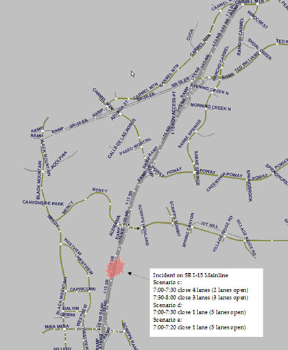Figure&nbsp;35 is map showing the incident setup. An area of I-15 SB is highlighted as the incident area. Text shows that the incident is on SB I-15 mainline, and two scenarios were studied.