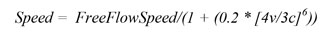 Figure 47 is an equation showing that speed is equal to the free flow speed divided by 1 plus the term 0.2 times the term defined as 4 times the volume divided by 3 times the capacity raised to the 6th power.