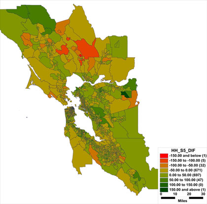 Figure 55 is a graphic showing households in the study area. Areas are indicated as to whether the HH_S5_DIF is -150.00 and below, -150.00 to -100.00 (5), -100.00 to -50.00 (32), -50.00 to 0.00 (671), 0.00 to 50.00 (697), 50.00 to 100.00 (47), 100.00 to 150.00 (0), and 150.00 and above (1).