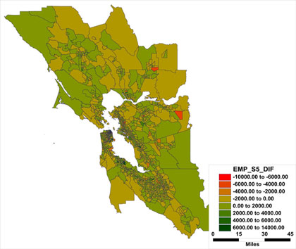 Figure 56 is a graphic showing employment in the study area. Areas are indicated as to whether the EMP_S5_DIF is -10000.00 to -6000.00, -6000.00 to -4000.00, -4000.00 to -2000.00, -2000.00 to 0.00, 0.00 to 2000.00, 2000.00 to 4000.00, 4000.00 to 6000.00, and 6000.00 to 14000.00.