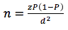 Equation 2 states: The number of survey responses needed n is equal to the ratio of the confidence level parameter z multiplied by the true population parameter uppercase P multiplied by the difference between one and the true population parameter uppercase P, with the margin of error d squared.