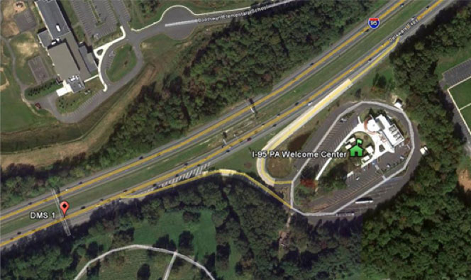 Figure 1 is an aerial photo that shows the pilot survey location in Philadelphia: the I-95 PA Welcome Center. The figure further points out the location of the nearby DMS.
