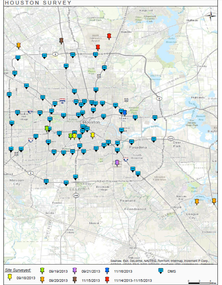 This figure is a map that shows the sites surveyed in Houston during each visit. The sites are color-coded by date of visit. The map further points out the Houston DMS locations.