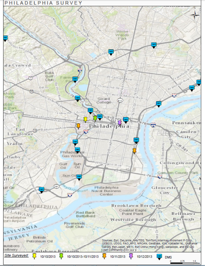 This figure is a map that shows the sites surveyed in Philadelphia. The sites are color-coded by date of visit. The map further points out the Philadelphia DMS locations.