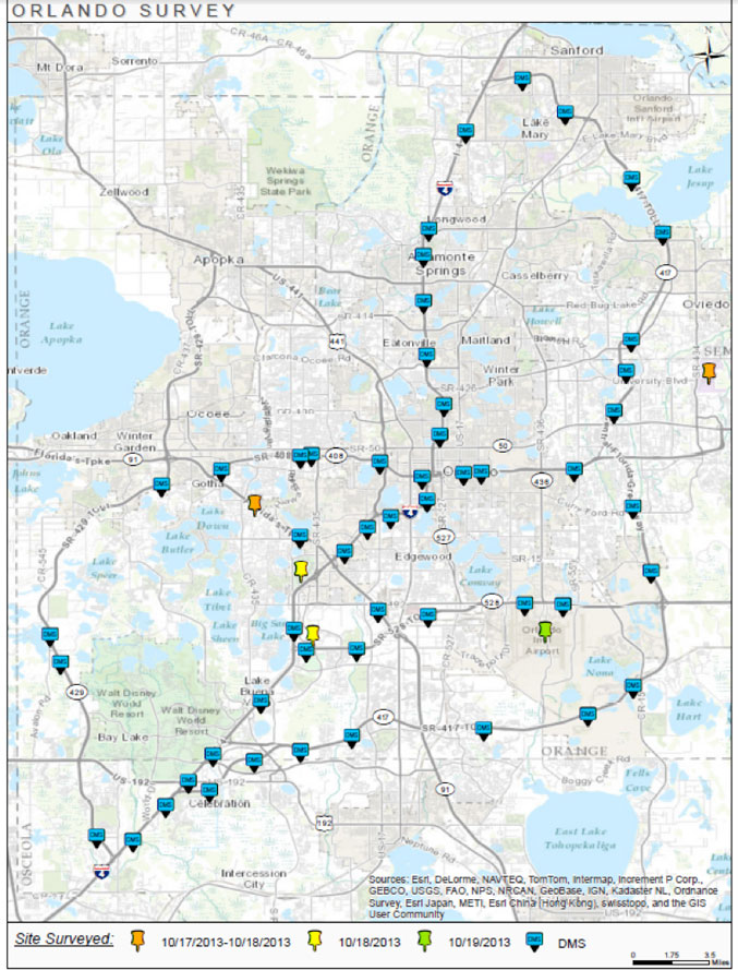 This figure is a map that shows the sites surveyed in Orlando. The sites are color-coded by date of visit. The map further points out the Orlando DMS locations.