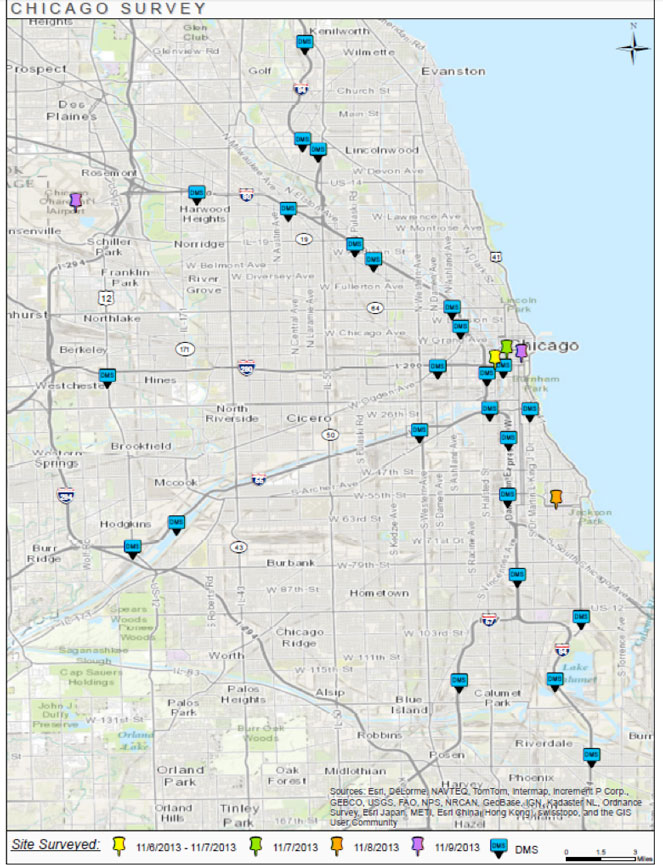 This figure is a map that shows the sites surveyed in Chicago. The sites are color-coded by date of visit. The map further points out the Chicago DMS locations.