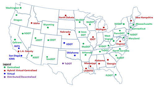 Map depicting the locations of different model deployments. Centralized deployments are in Washington, Oregon, Caltrans, NDOT, Wyoming, UDOT, ADOT, CDOT, NMDOT, MnDOT, WsDOT, Iowa DOT, MoDOT, Arkansas, Florida, TnDOT, ScDOT, North Carolina, TnDOT, KYDOT, West Virginia, PennDOT, NJDOT, Maryland, Connecticut, and Massachusetts. Hybrid virtual centralized deployments are located in L.A. County, Idaho, North Dakota, Nebraska, Michigan, IDOT, LADOT, Mississippi, Alabama, Georgia, Virginia and New Hampshire. Virtual deployments are located in San Diego (ICMS), RIITS (CA), KDOT, and Oklahoma. Distributed or decentralized TMCs are deployed by TxDOT.