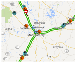 Traffic map of the Montgomery, Alabama area.