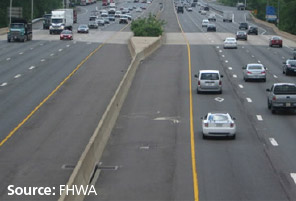 Photo of a highway showing the managed lane on the left side of the roadway, separated from the general purpose lane(s) with standard white dashed lines. The managed lane is designated by the HOV 'diamond' symbol.