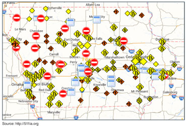Screenshot of the Iowa DOT 511 map showing icons available for web visitors to view impacts of different events. Source: http://511ia.org