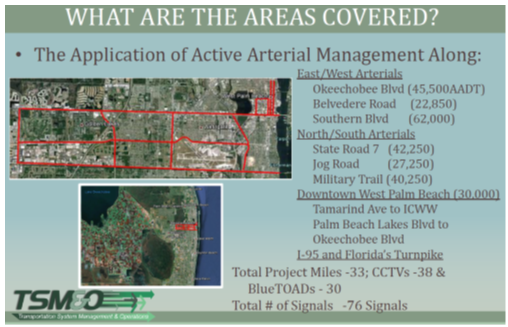 Screen capture of a page that provides maps of the areas covered, lists the locations of the major arterials within the coverage area as well as their AADTs, and sums up the total project miles and the numbers of CCTVs, BlueTOADs, and signals.
